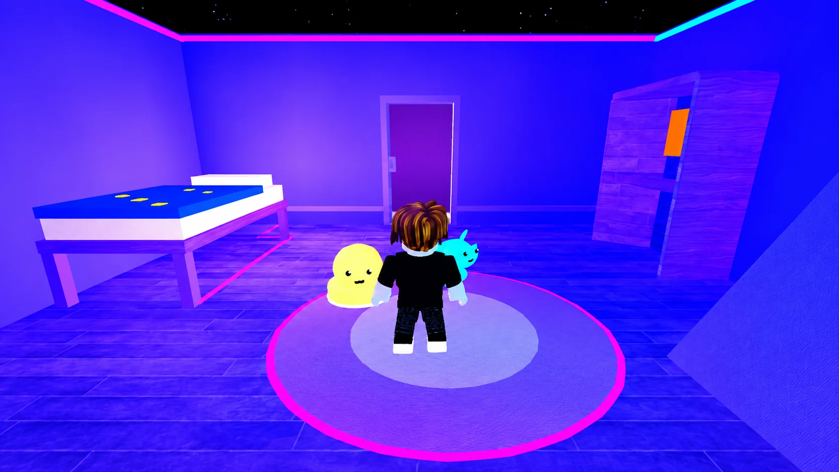 A Roblox character with colorful brainrot companions in a glowing room