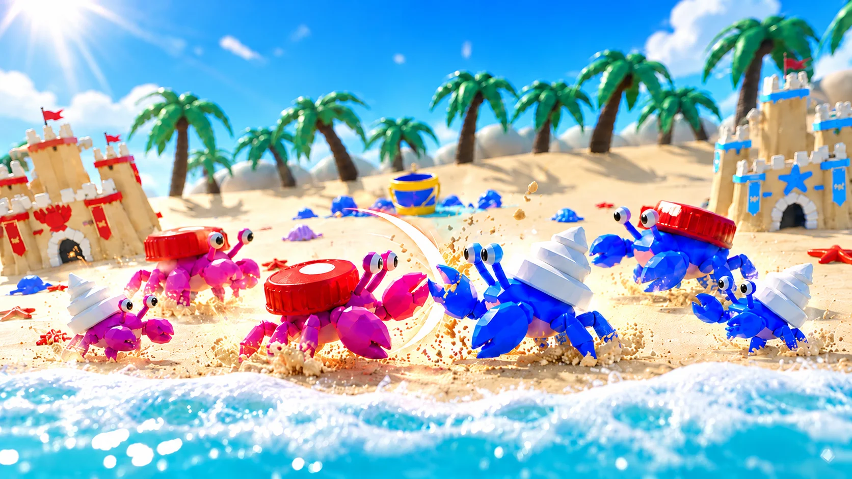 Red and blue hermit crab teams facing off on a sunny beach
