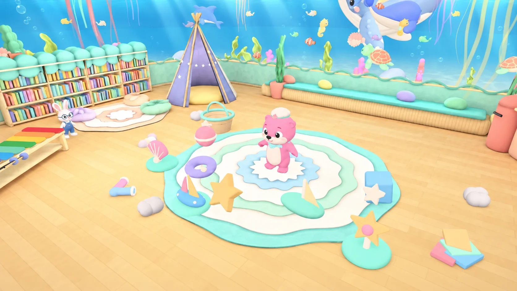 Moa the pink otter and a rabbit friend in a colorful underwater playroom